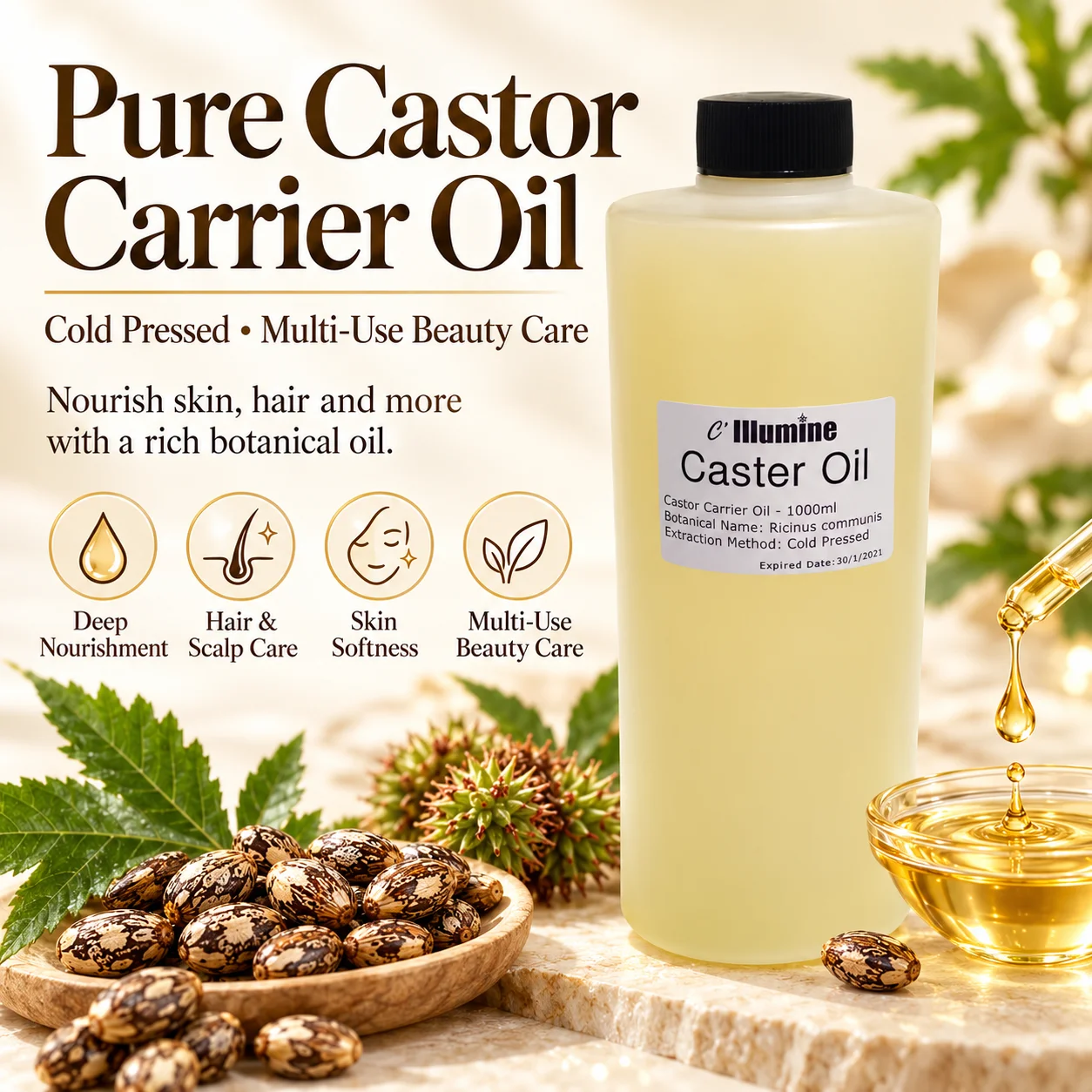 Castor Base Oil Ricinus Communis L.Oils 1000ml Natural Cold-pressed