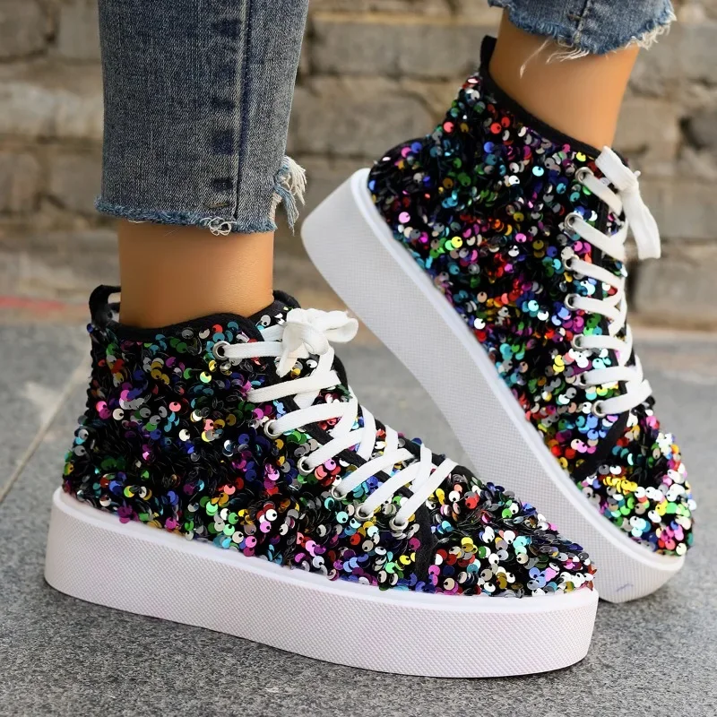 2024 Women's Simple Lace Up High Top Casual Shiny Fine Glitter Flat Shoes Casual Shoes Sneakers Summer Flat Shoes Zapatos