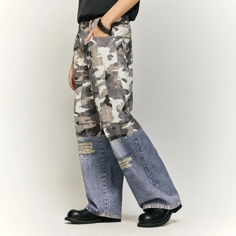 

Retro Tattered Jeans Stitched Camouflage Printed Jeans Men and Women Street Fashion Brand Loose Wide-Leg Draggle-Tail Trousers