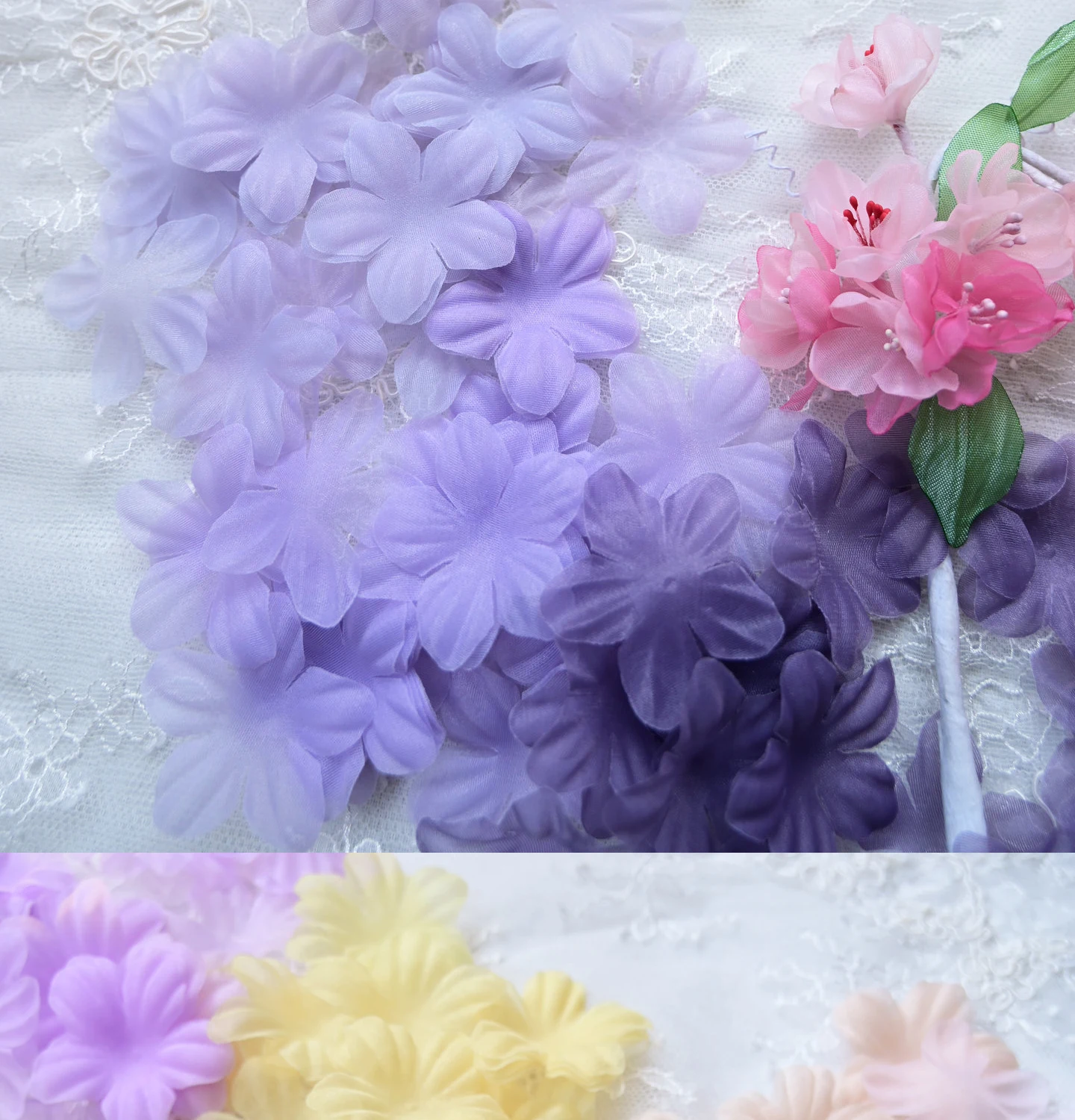 100 Stück/Packung 3,6 cm Satin-Plissee-Blütenblätter für Hochzeitskleider und Kopfbedeckungen. Puppenkleid, heißgepresstes Formmaterial, Glockenorchidee. 3D-Stoffblütenblätter. – Detail 13