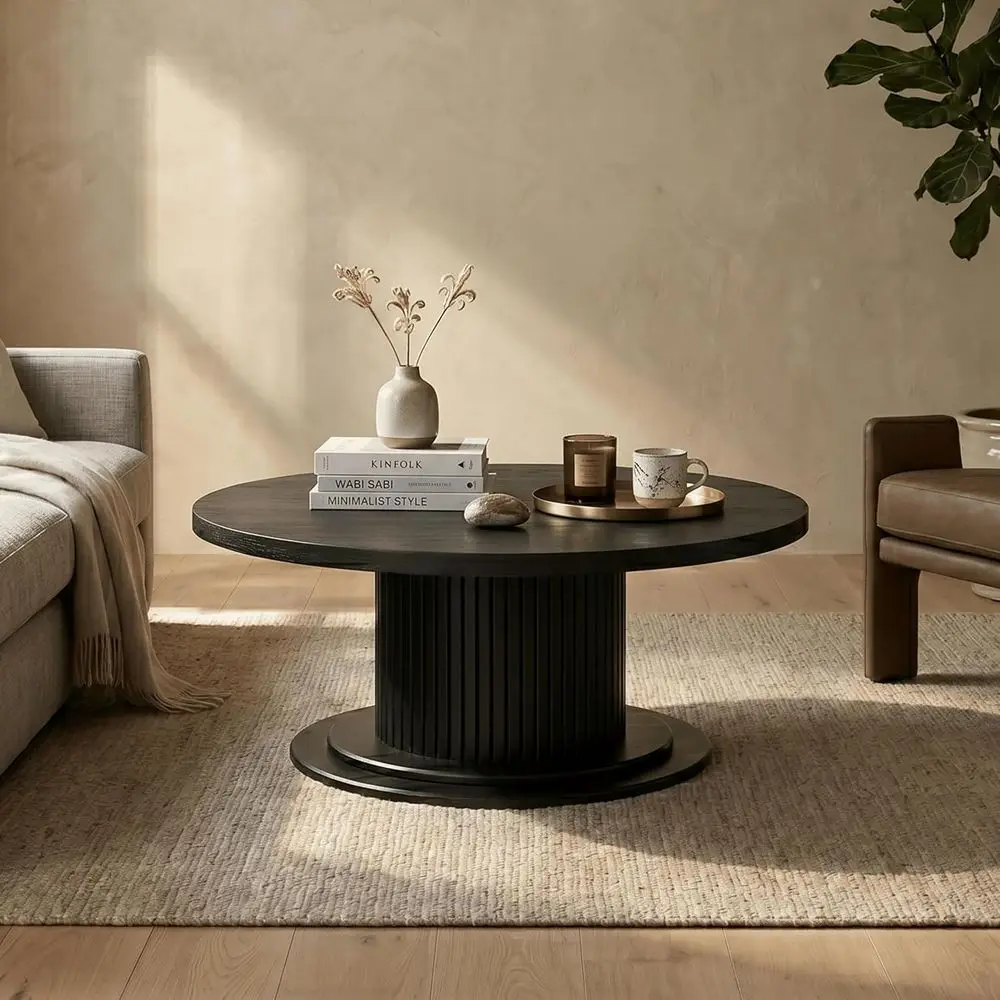 40 Classic Tambour Round Wooden Coffee Table - Waterproof & Heat Resistant, Burnt Black Finish