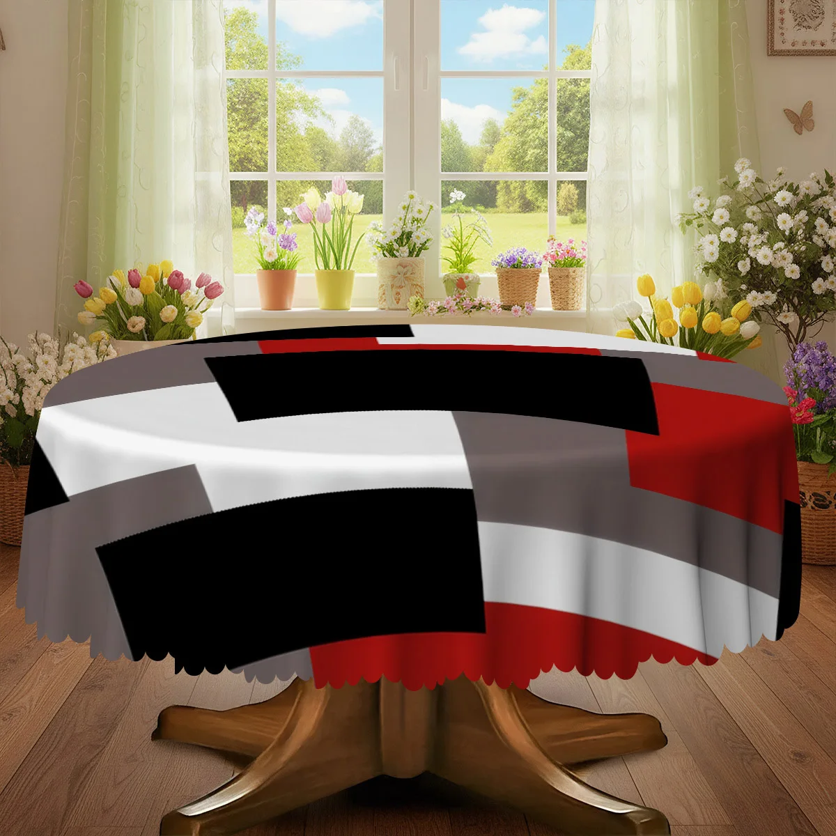 1pc, modern geometric patterned tablecloth, featuring red, black, white and gray square patterns for a party setting