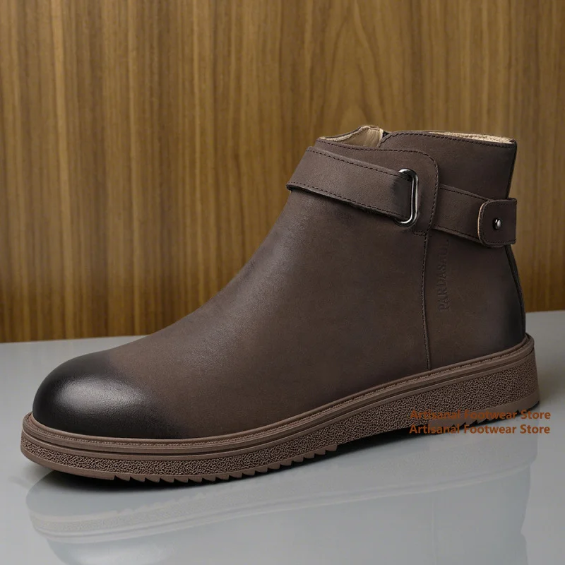 Thick Sole Side Zipper Men's Boots British Style Round Toe Metal Decor Chelsea Boots Trendy Luxury Handmade Men's Boots