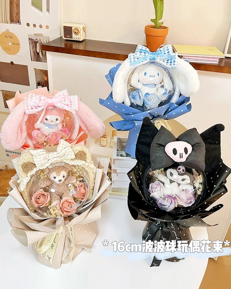 Sanrio Cinnamoroll Kuromi Cartoon Plush Dolls Wave Ball Flowers Valentine's Day Anime Girls Bouquets Graduation Kawaii Gifts