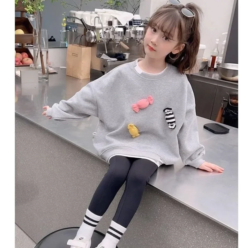 Girls' Sweater Autumn 2024 New Little Girl Grey Long Sleeve Spring and Autumn Long Children's Casual Top