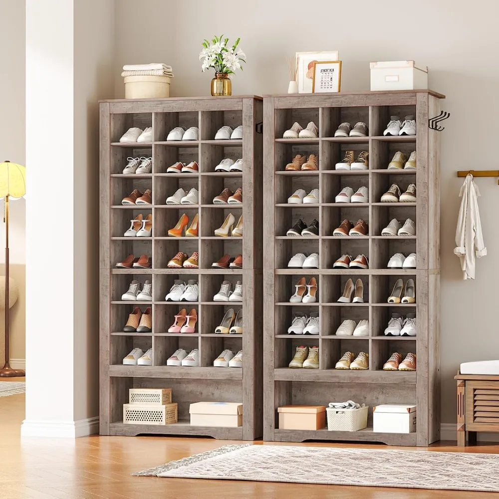 Tall Shoe Cabinet Set of 2, 9 Tier Shoe Storage Cabinet, Freestanding Wooden Shoe Organizer with 24 Cubbies and 3 Hooks, for En #1