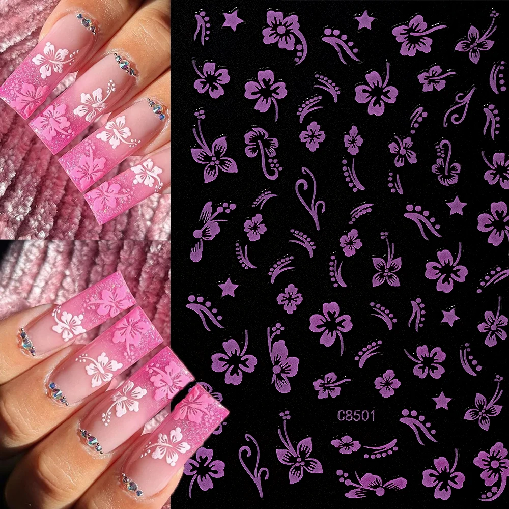 3D Pink/Purple Hibiscus Flower Nail Art Stickers Y2K Acrylic Colorful Hibiscus Nail Decal  Self-Adhesive Petal Hibiscus Decal&*&