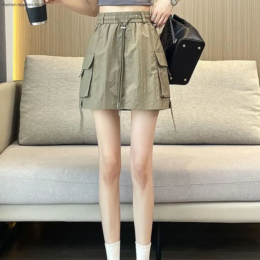 Jupe taille haute ample Simple à lacets avec cordon de serrage, jupes décontractées pour femmes, Style fille épicée, grande poche, jupes Cargo, Streetwear