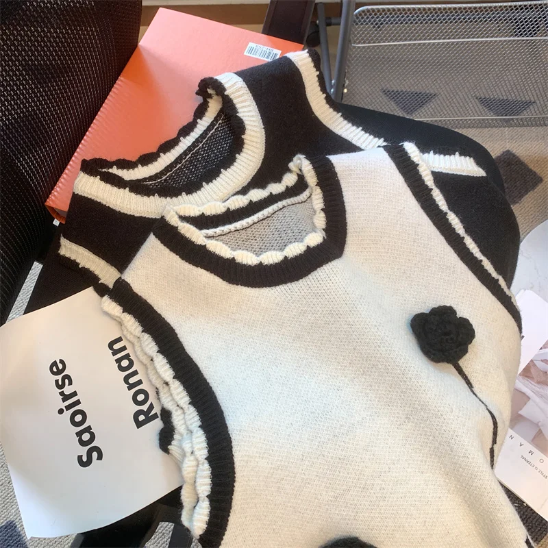 سترة نسائية عتيقة من MEXZT بلوفرات محبوكة مرقعة هاراجوكو صدرية خريفية كورية تريكو بدون أكمام