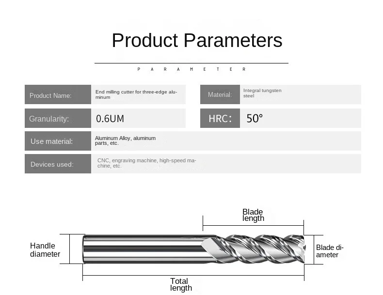 HRC55 Hochglanz-Aluminiumfräser aus Wolframstahl, 3-schneidiger Kupfer-Aluminiumlegierungsfräser, 1-20mm Schaftfräser, Spiegelpoliert – Detail 2