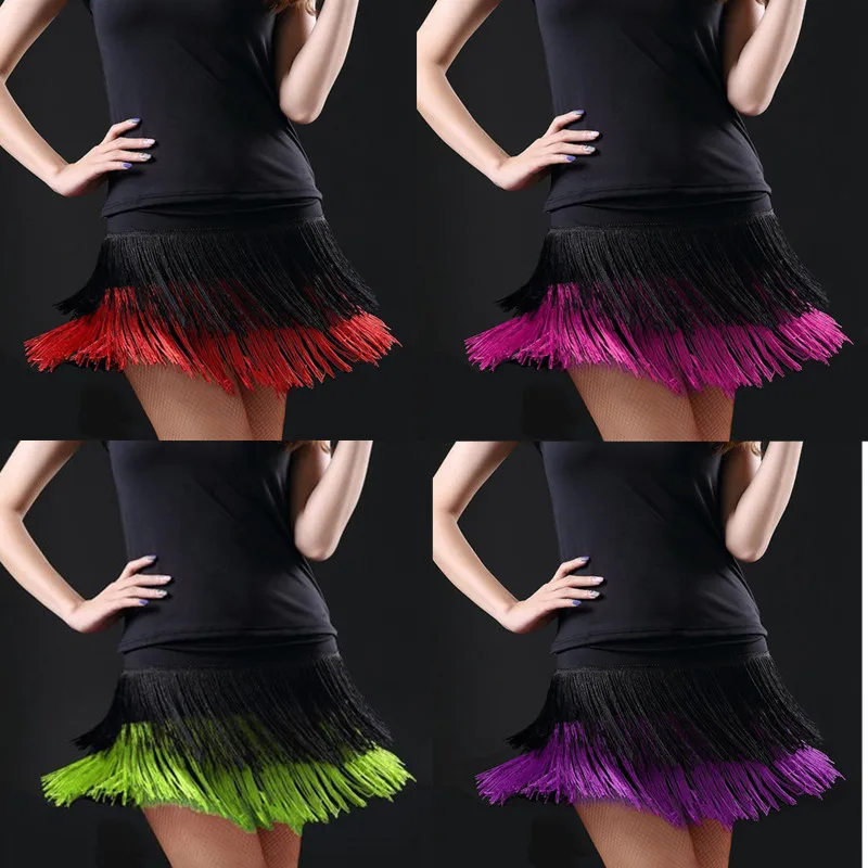 Falda de baile latino para mujer, traje de actuación de baile moderno, Falda corta de práctica de dos capas con flecos, 8 colores, novedad