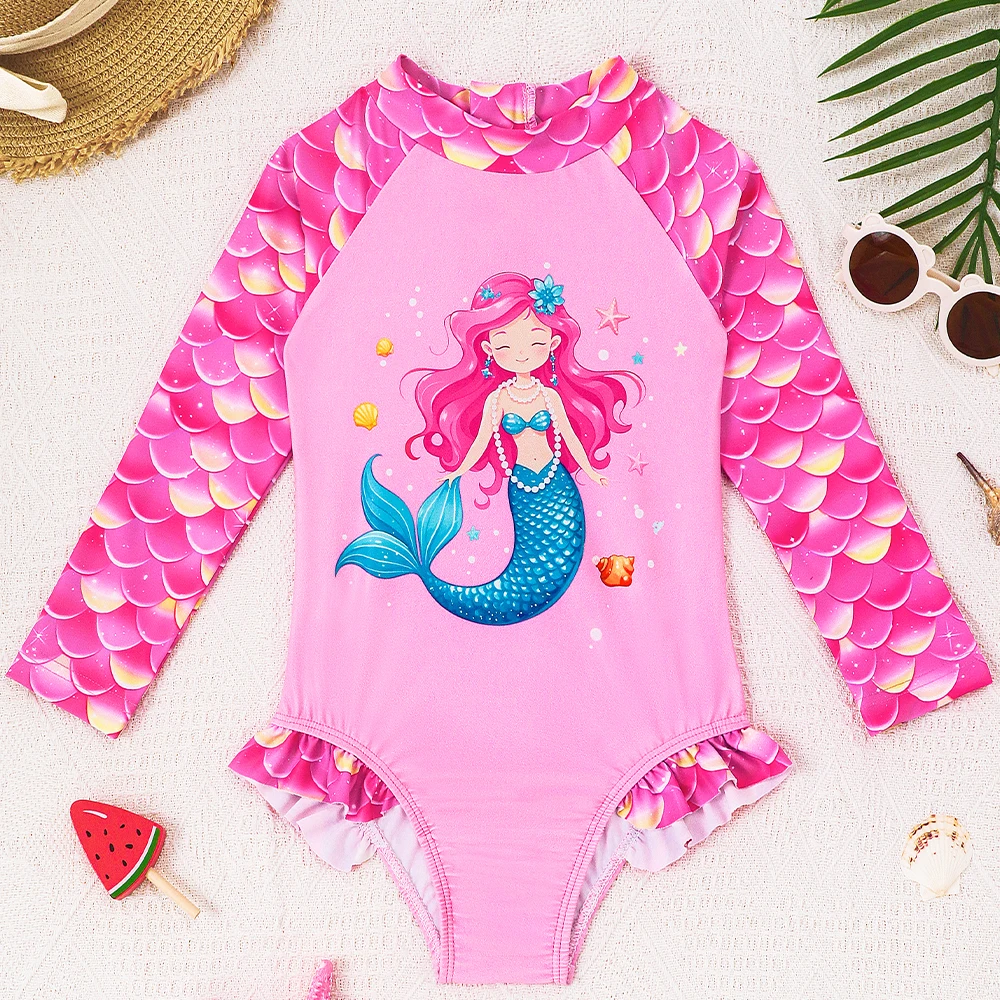 Girls One Piece Swimsuits Long Sleeve Hawaiian Bathing Suit Lovely Cartoon Mermaid Swimwear Beach Swim Shirts for Surfing