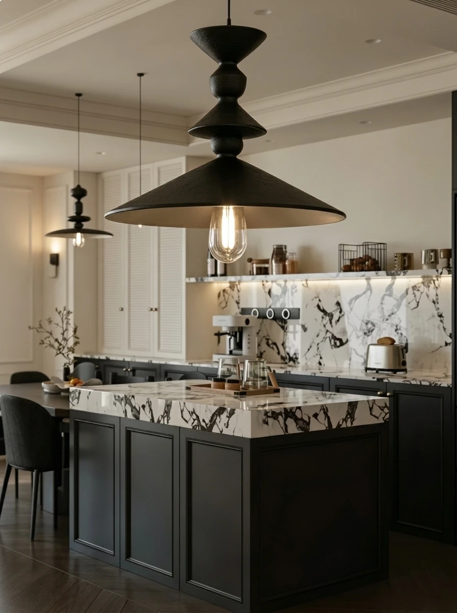 ji-Vintage Inspired Luxury Wood Kitchen Cabinet Matte Black Doors Retro Routed Panels Custom Stone Countertop Creating Elegant