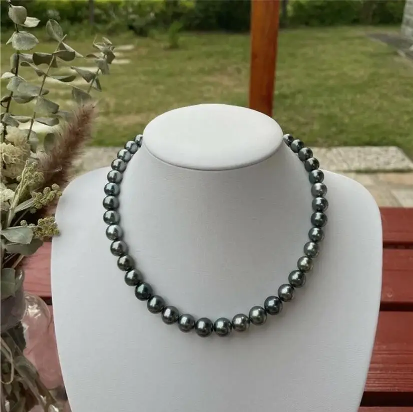 

Charming 18" 9-10mm genuine natural south sea black peacock round pearl necklace