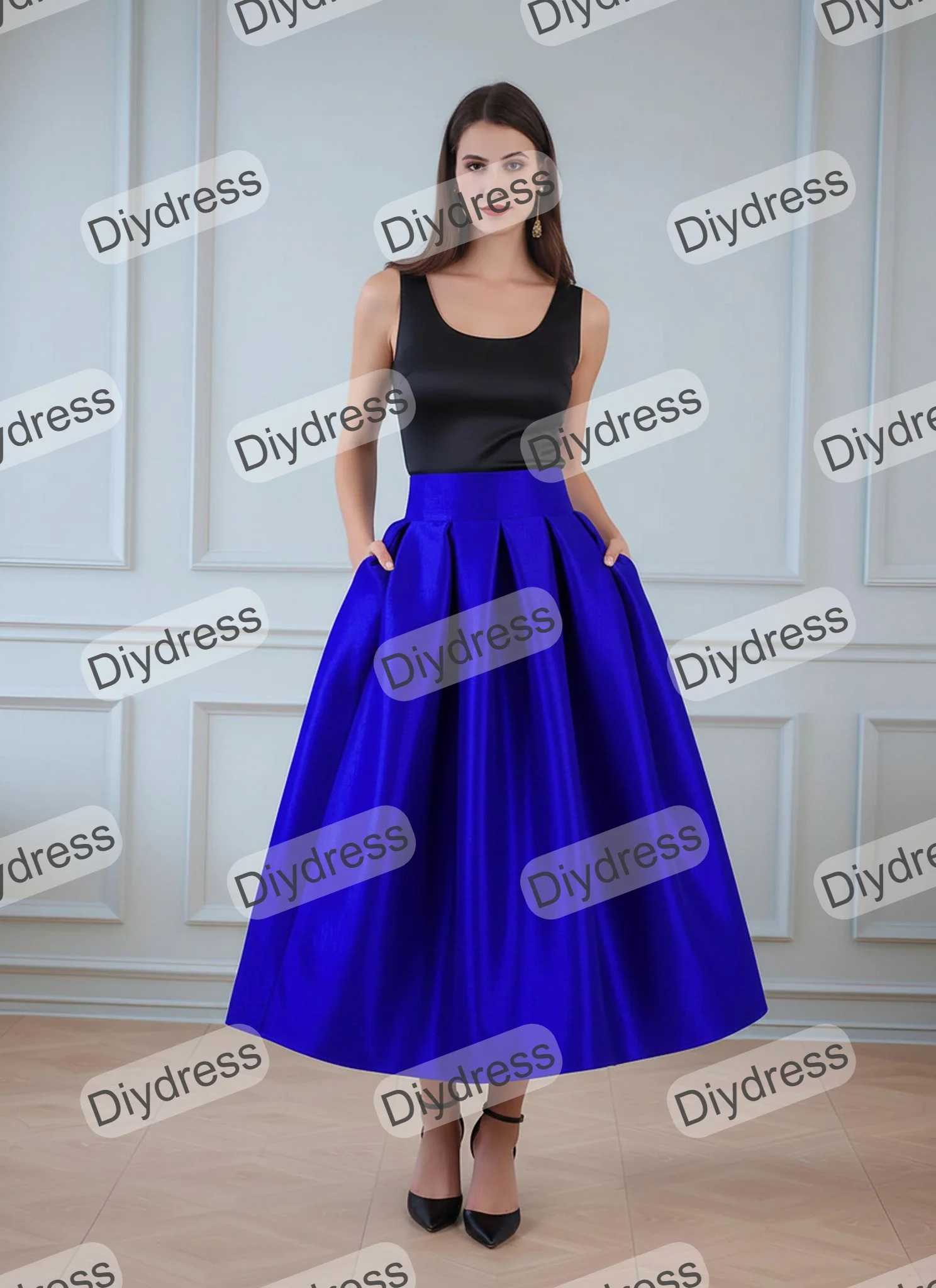 Robe de soirée longue pour femme, jupe en taffetas plissée ligne A mi-mollet, jupe de bal en taffetas avec poches pour mariages