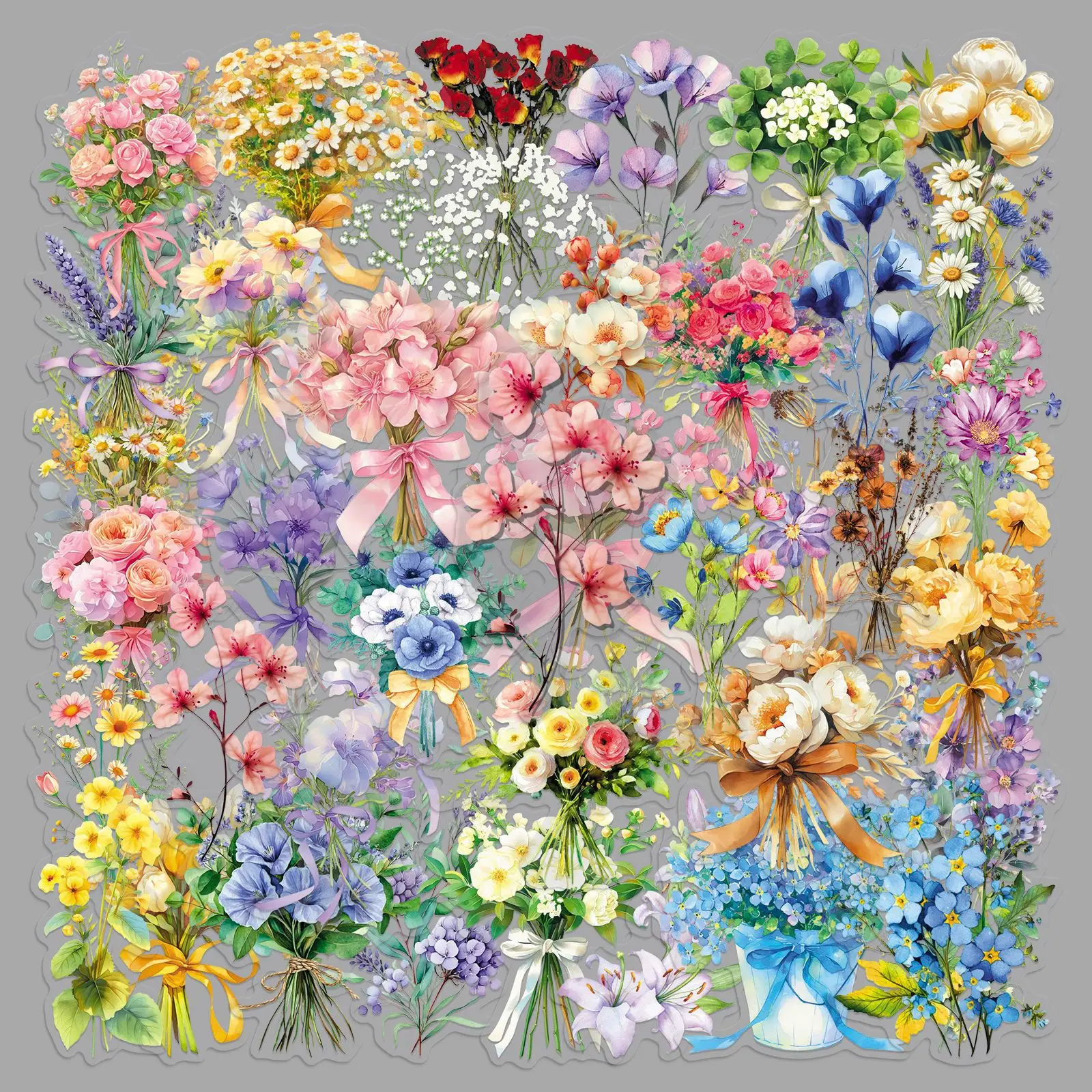 

50Pcs Cartoon Flower Bouquet Stickers, PET Transparent Floral Decals for Journal Laptop DIY Decor