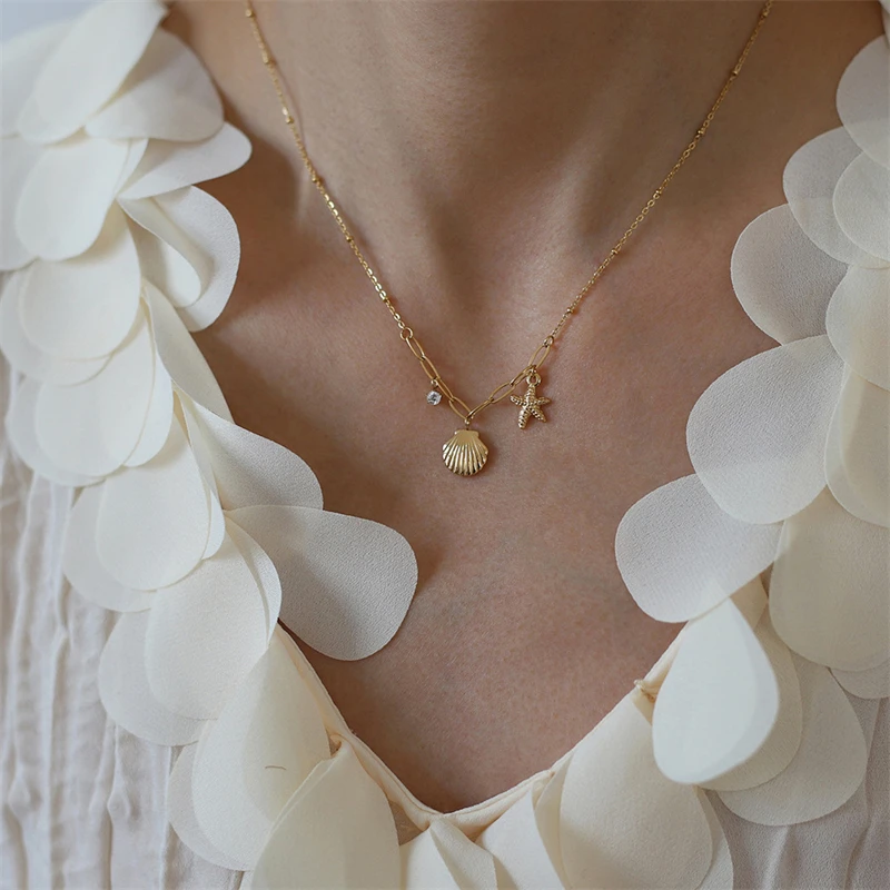 316L Stainless Steel New Fashion Fine Jewelry Embed Zircon Starfish Pectinid Charm Chain Choker Necklaces Pendants For Women