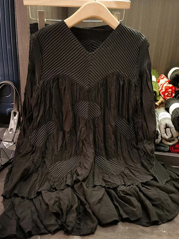 ใหม่แฟชั่นจีบแขนยาวหลวมชุดสตรีElasticเอวสีทึบครึ่งกระโปรงสตรีชุด 2025 ฤดูร้อน