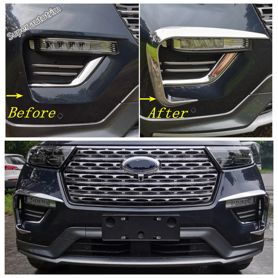 Chrome Exterior Refit Kit Front Head Fog Lights Lamps Eyelid Eyebrow Stripes Cover Trim 2PCS For Ford Explorer 2020 - 2023