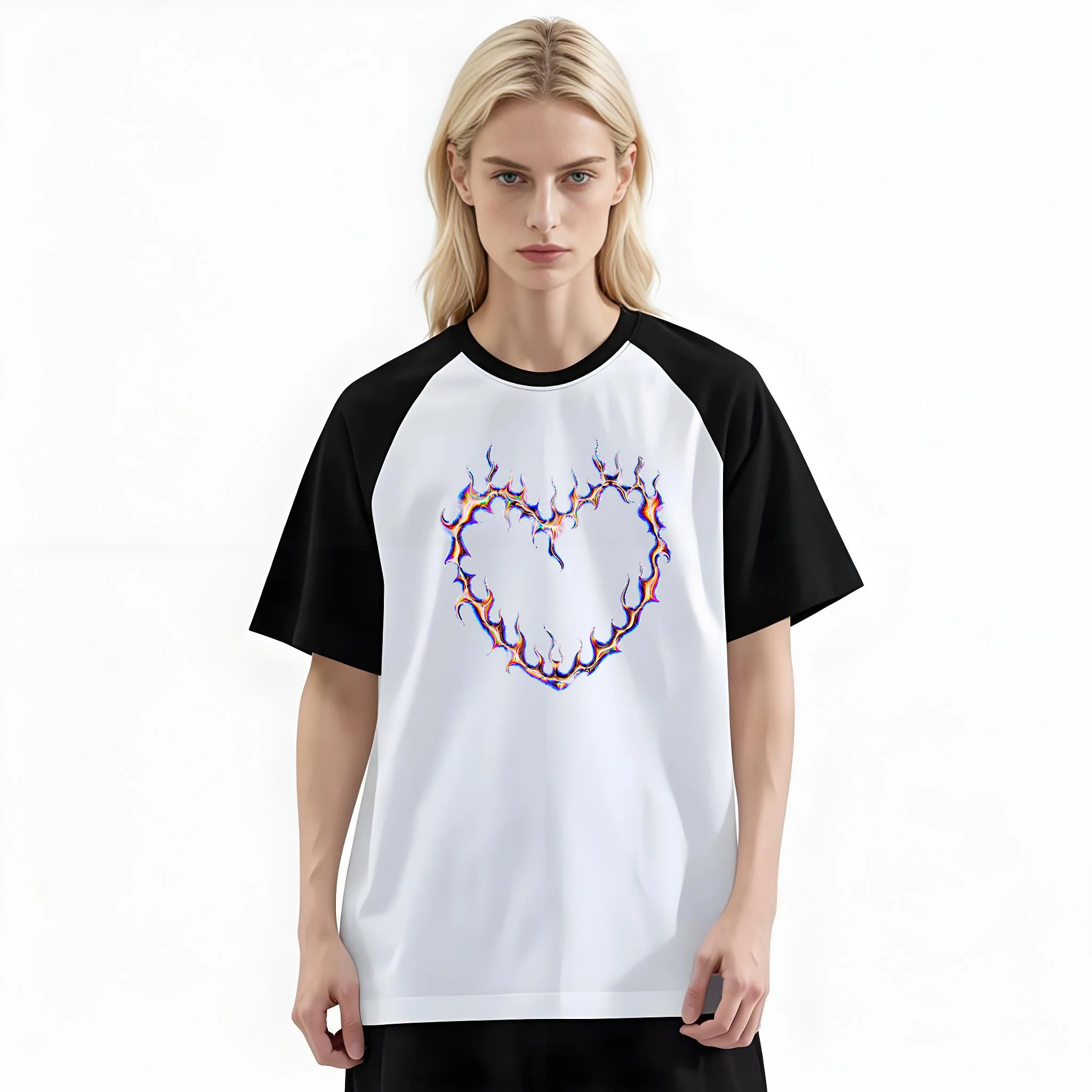 Women'S Fashion Raglan Sleeve T-Shirt, Purple Outline Heart Doodle Art Printed, Summer Casual Comfortable Tee, Women'S Everyday Short-Sleeve Top