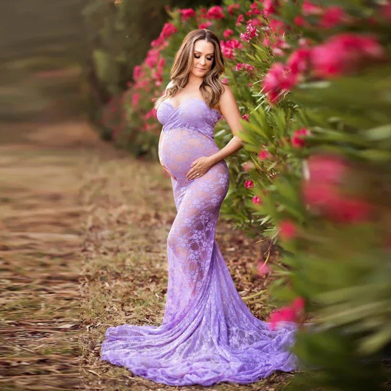 

Blue Maternity Dresses Photography Props Fancy Pregnancy Dress Shoulderless Sexy Lace long Maxi Gown Women Pregnancy Vestidos