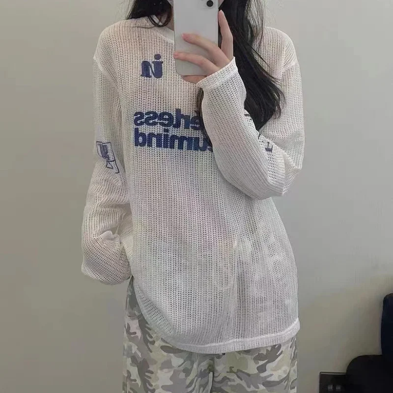 American Lazy Style Hollow Knitted Shirt Cover Long Sleeved Printed T-shirt for Women Casual Loose Sun Protection Thin Sweater