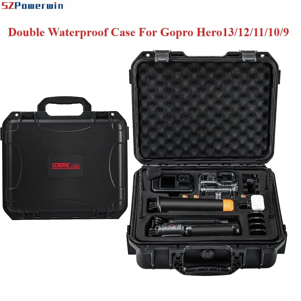 SZPowerwin Double Waterproof Case For Gopro Hero13/12/11/10/9 Carrying Case Large Capacity Organiser Sports Camera Accessories