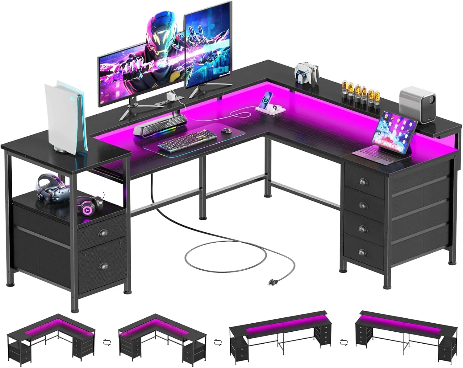 

66" Reversible L Shaped Gaming Desk with 6 Drawers & Printer Storage Shelves, Corner Computer Desk with Power Outlets & LED Ligh