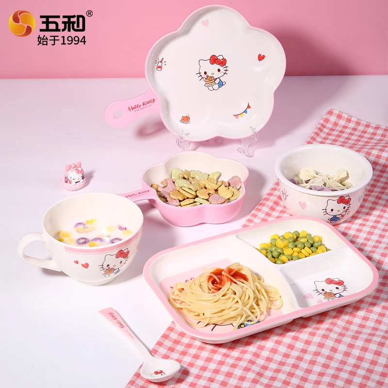 Hello Kitty Kindergeschirr, Cartoon-Essteller, sicherer und hitzebeständiger Reisschüssel, niedlicher Wasserbecher, Löffel, Geschirr in Lebensmittelqualität