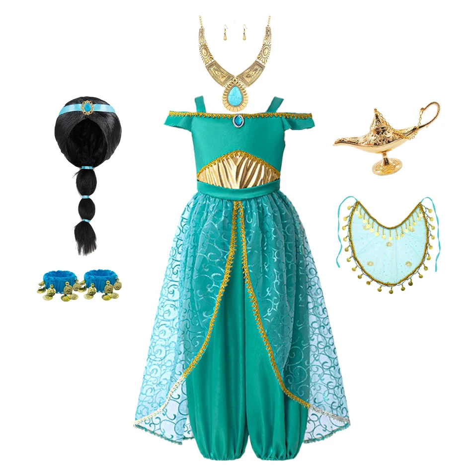 Ensemble de costumes Jasmine pour filles, robe de cosplay Aladdin avec perruque, collier, accessoires de lampe, déguisement d'Halloween