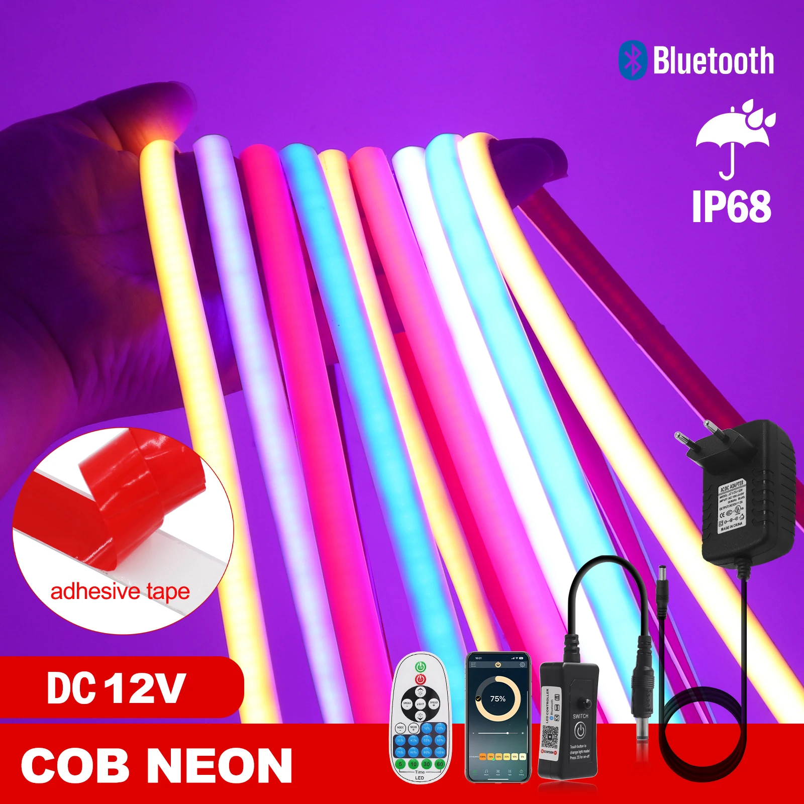 

IP68 Waterproof COB LED Strip Bluetooth Control Flexible LED Tape 12V 320LEDs High Density Linear Light for Swimming Pool EU US