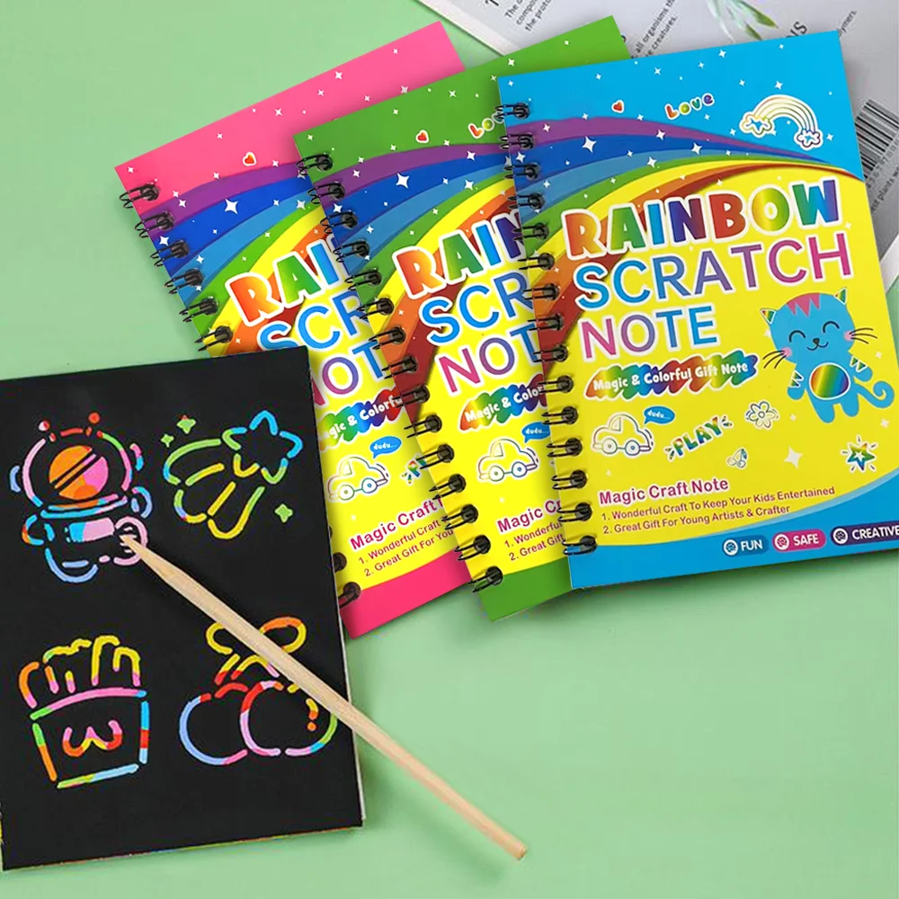 4 Pack Rainbow Scratch Paper Art Set For Kids 3-12 Years Old Art and Craft Notebook Girl Boy Birthday0 Gift Goodie Bag Stuffers