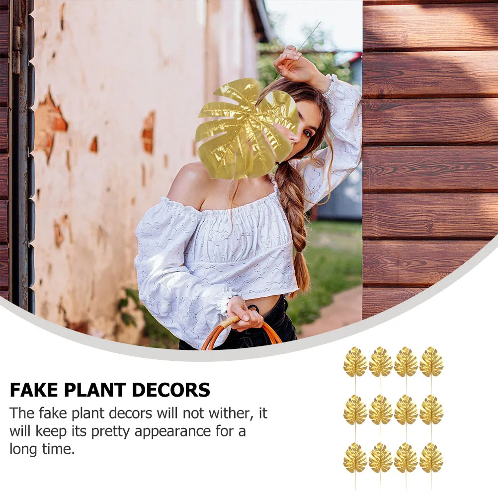 

15pcs Golden Monstera Leaves Artificial Tropical Plant Decor For Wedding Hawaii Party Supplies Simulation Palm Leaf Adornment