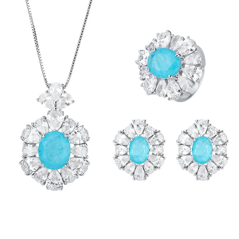 Round Paraiba Crystal Sunflower Zircon Luxurious Retro Fashion Send Girlfriend Jewelry Earring Set of Rings Women Buddha Flower