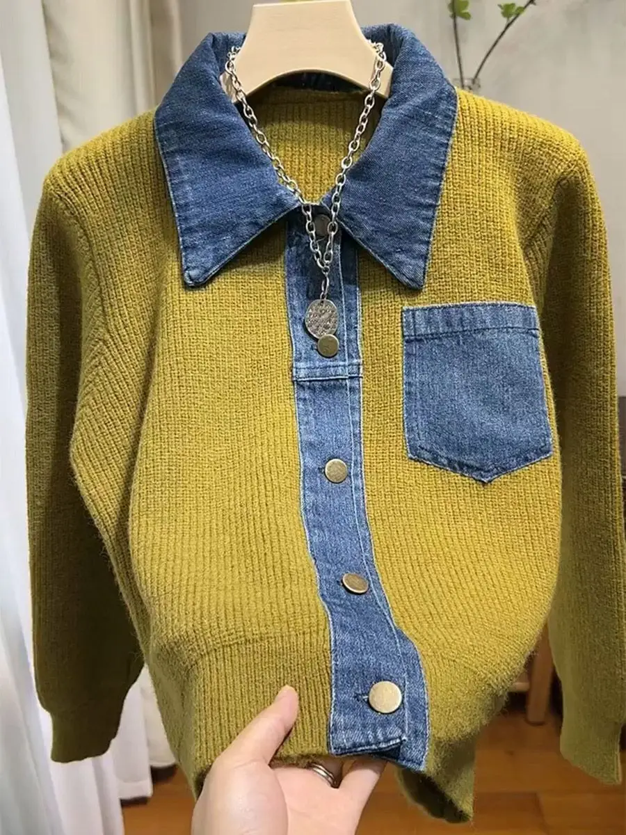 Chic Cropped Cardigan Jacket Women Designer Polo Neck Denim Patchwork Jumper Spring Autumn Jacket Y2k Harajuku Short Tops New