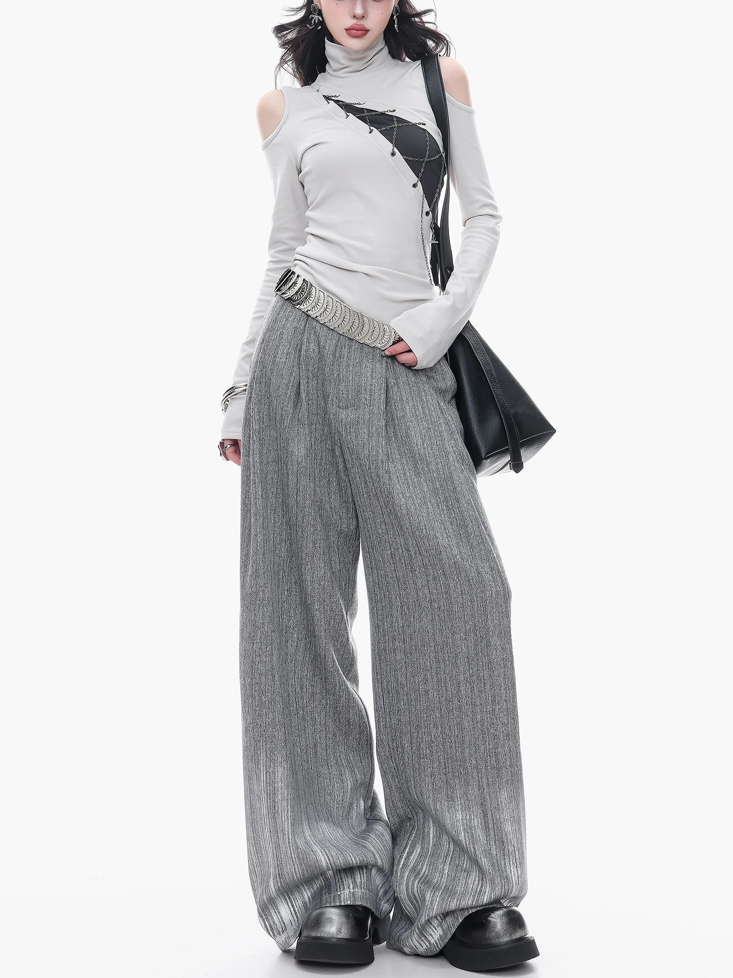 

ABWLR Gold Foil Gradient Grey Wide Leg Pants Women's Casual Straight Leg Trousers Draping Lazy Style Original Design