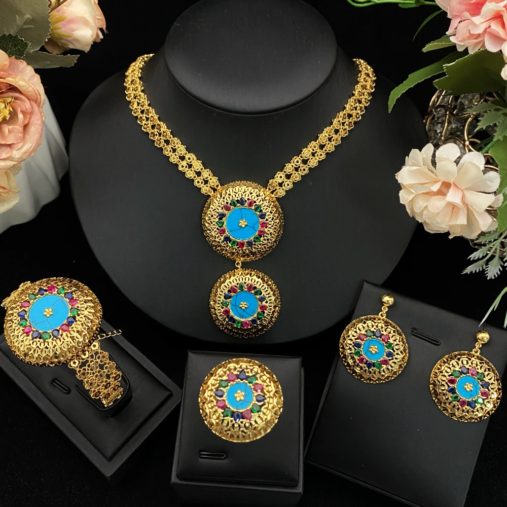 

JRH Gold Plated Copper Jewelry Set with Zircon Dazzling Party Banquet Necklace Earrings Bracelet Ring Combo for Women