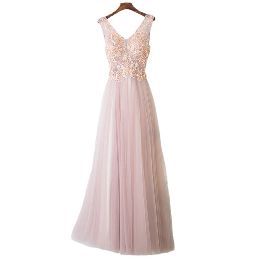 Prom Dresses V-Neck Tulle Floor-Length Evening Gown Appliques Beading A-LINE Prom Dress