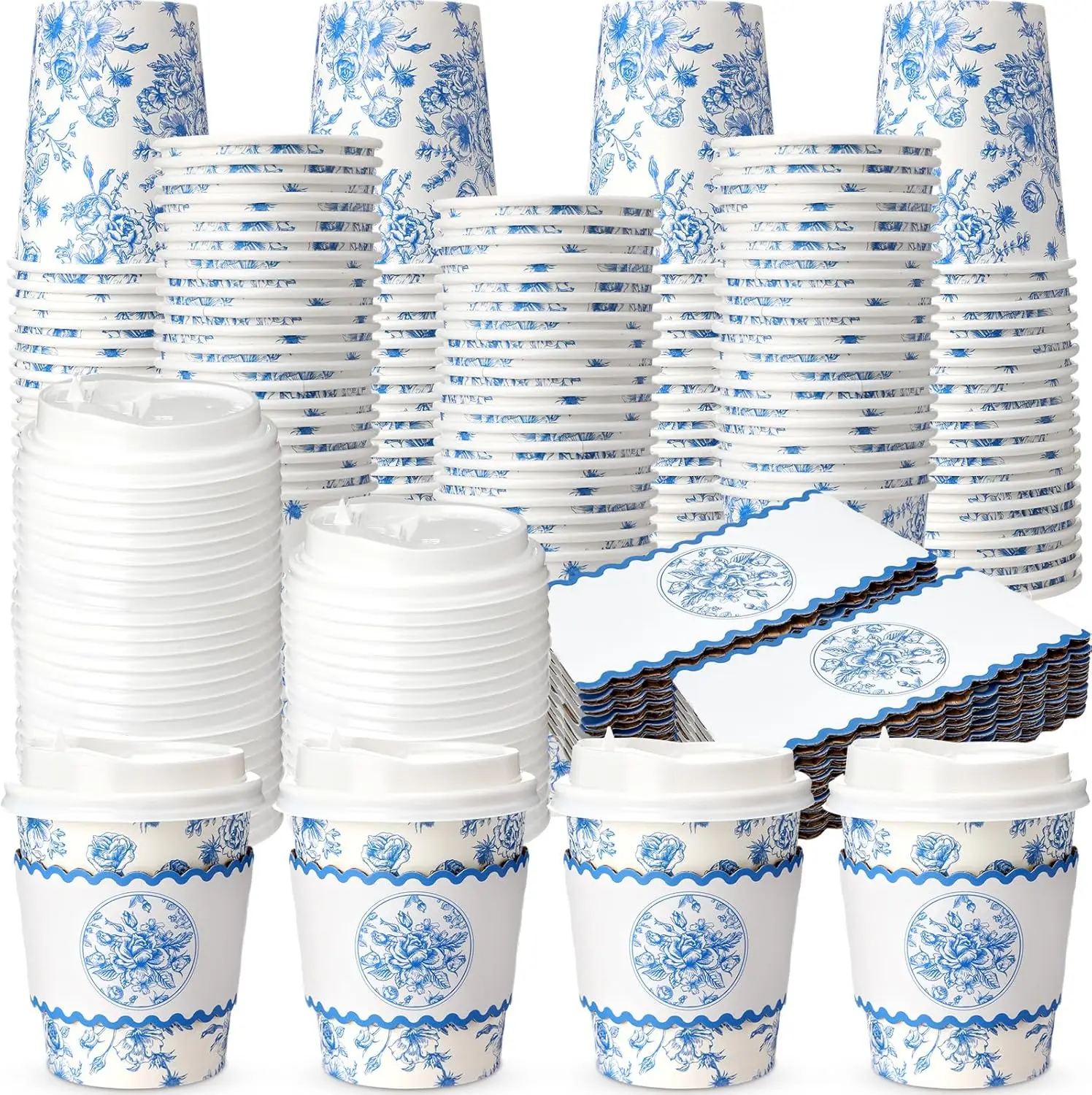 

100 Sets Floral Paper Coffee Cups with Lids and Sleeves 8oz Vintage Flower Disposable Drinking Cups Bulk for Birthday We
