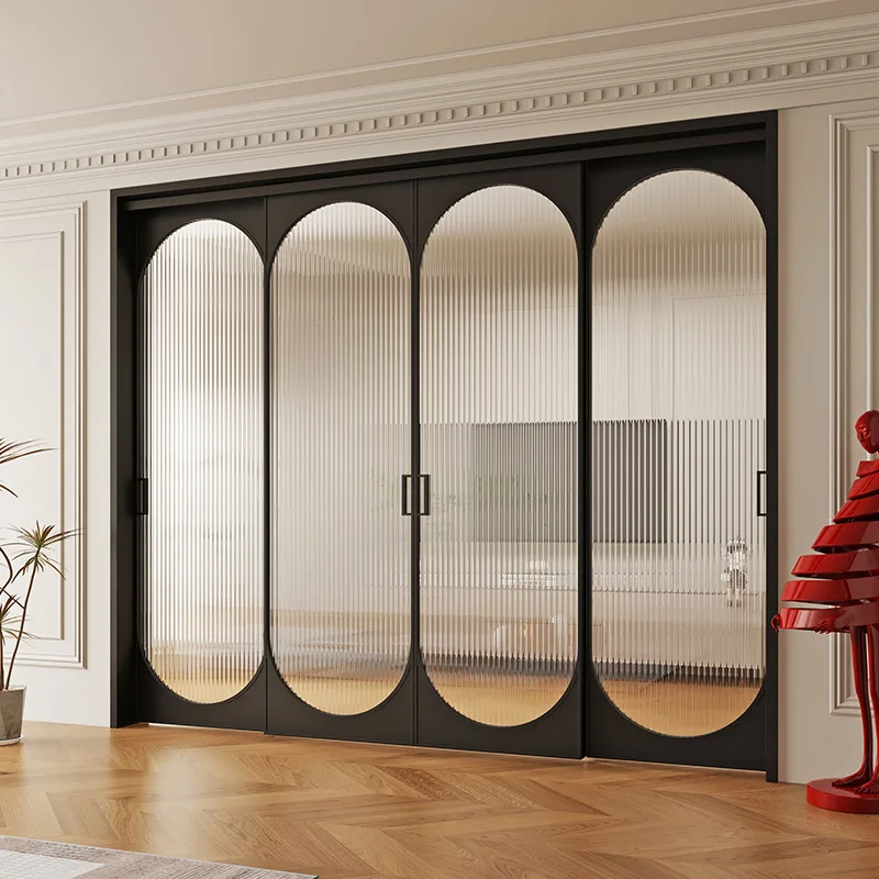Aluminum retro black floor hanging rail sliding door, balcony kitchen study old steel window sliding door black