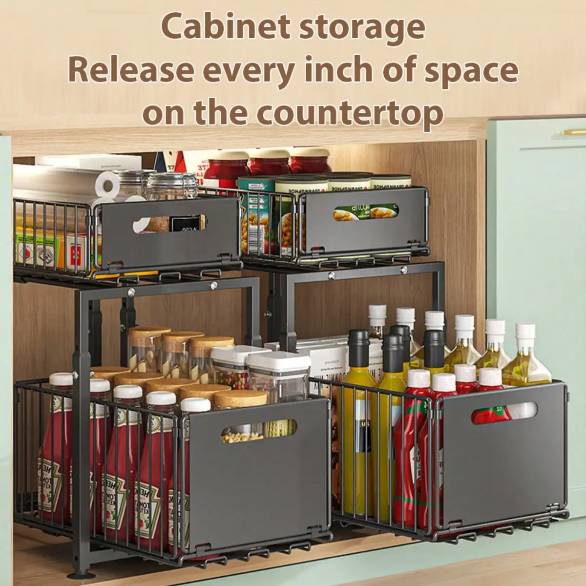 2 Tier Sliding Drawer Under Sink Organizer Modern Black Carbon Steel Pull Out Shelf Storage Rack Unit Heavy Duty Adjustable Basket Stand With 10 Fresh Keeping Bags For Kitchen Bathroom Countertop Pantry Housewarming Gift