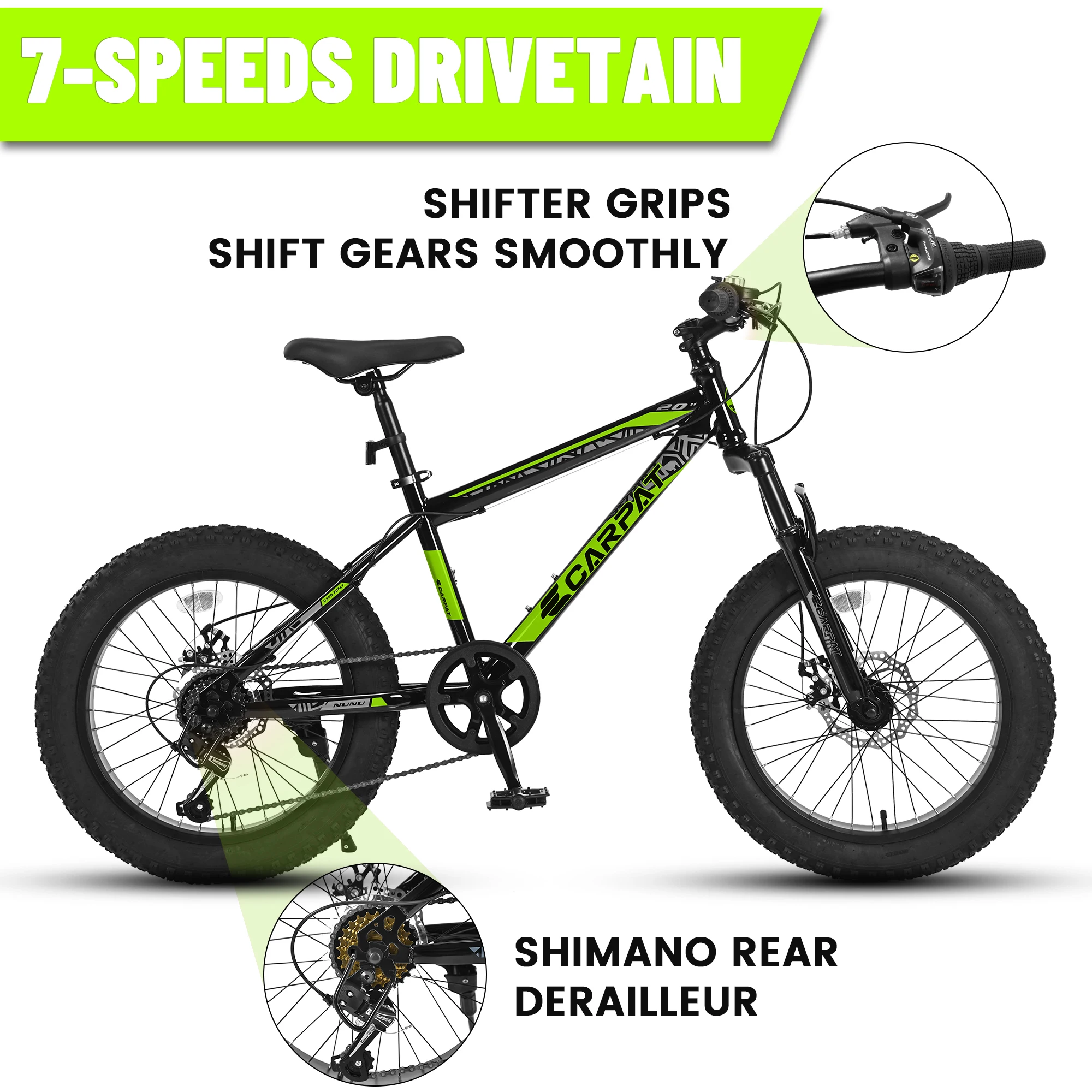 Ecarpat 20 x 4.0 Inch Tire Kids\' Bike, Wide Fat Tire Mountain Bike, 7 Speed for Boys Girls Children Kids\' Bicycles, Steel Frame