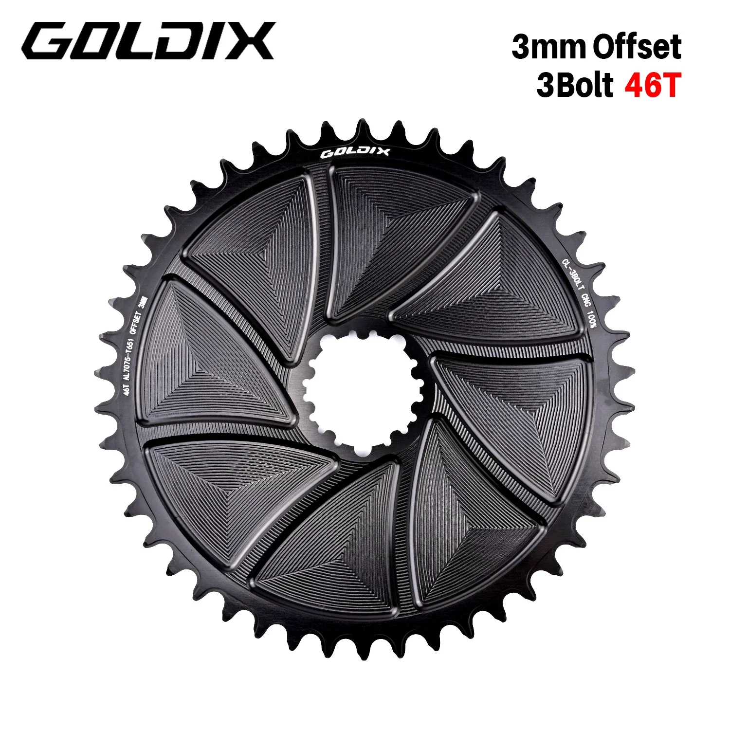 GOLDIX AERO Kettenblatt, 3-Loch, 3 mm Offset, Fahrradkettenblatt mit breiten und schmalen Zähnen, CNC-Hohlschnittbearbeitung für 3-Loch-Kurbelgarnitur
