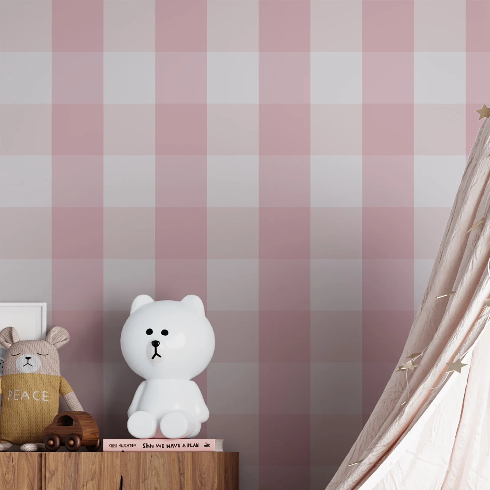 Pastel Gingham Wallpaper Peel and Stick, Pink Neutral Checkered Nursery Wall Mural For Room Decor, Self-adhesive Or Traditional