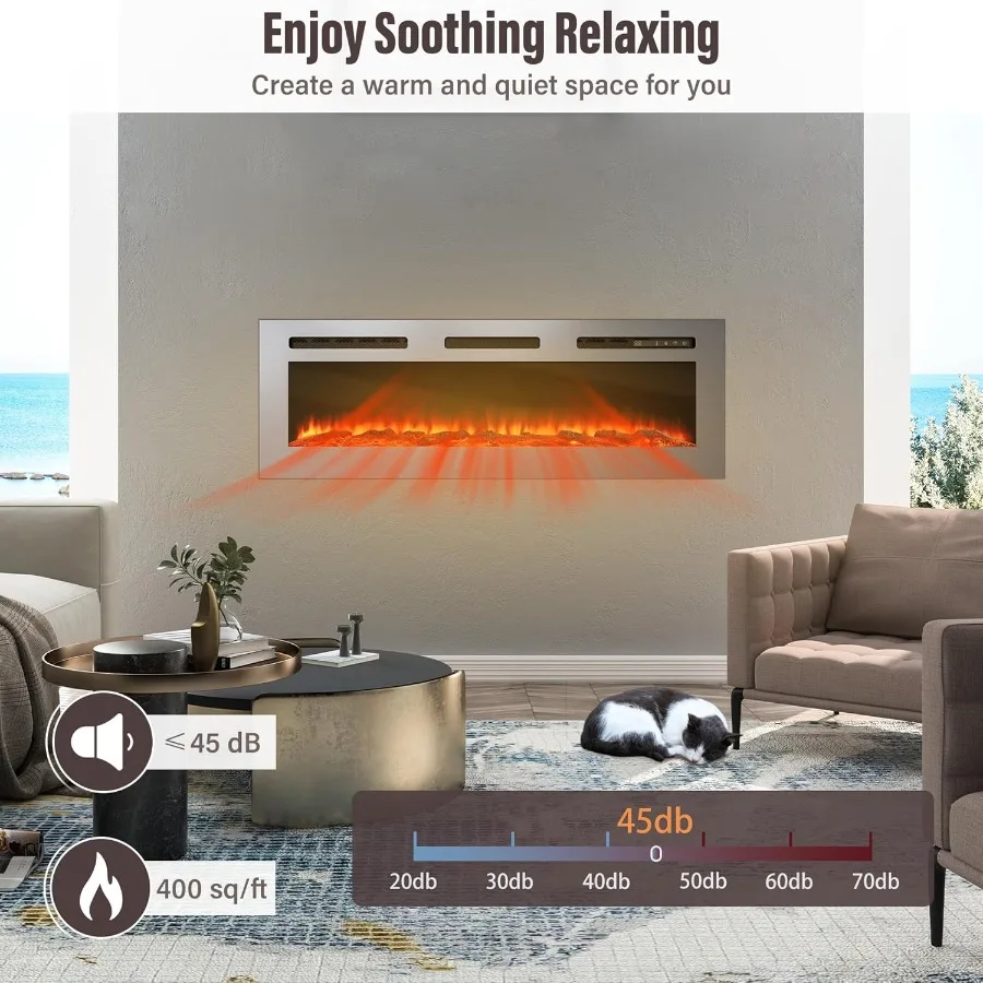 Camino elettrico in acciaio inossidabile Luoghi antincendio da 50 pollici Inserti per caminetto elettrico Camino elettrico da incasso e a parete