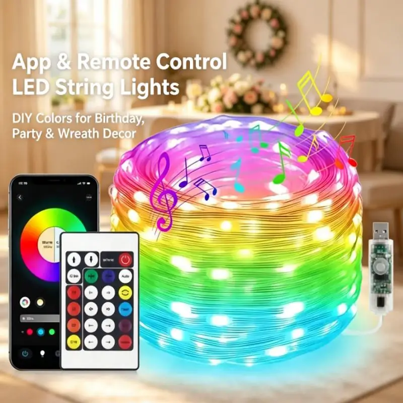 RGBIC String Lights, USB Powered Fairy Lights with Bluetooth App Music Sync Timer for Indoor Outdoor Christmas Decor