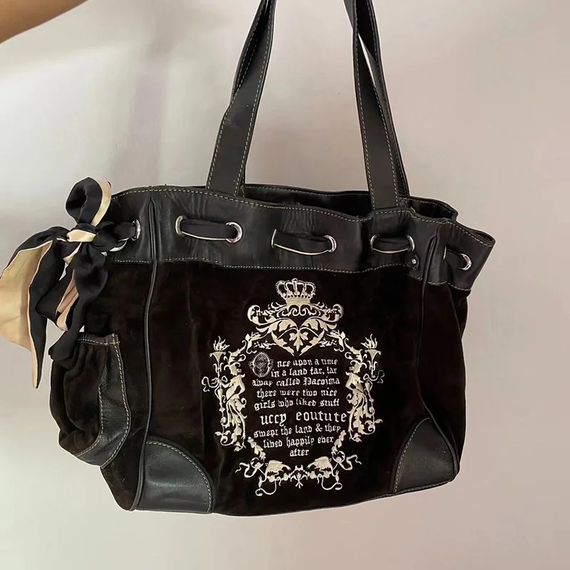 Y2K Vintage Fashionable Hot Girl Hit Color Texture Velvet Embroidery Large-Capacity Shoulder Tote Female Kawaii Purse Chic Bag