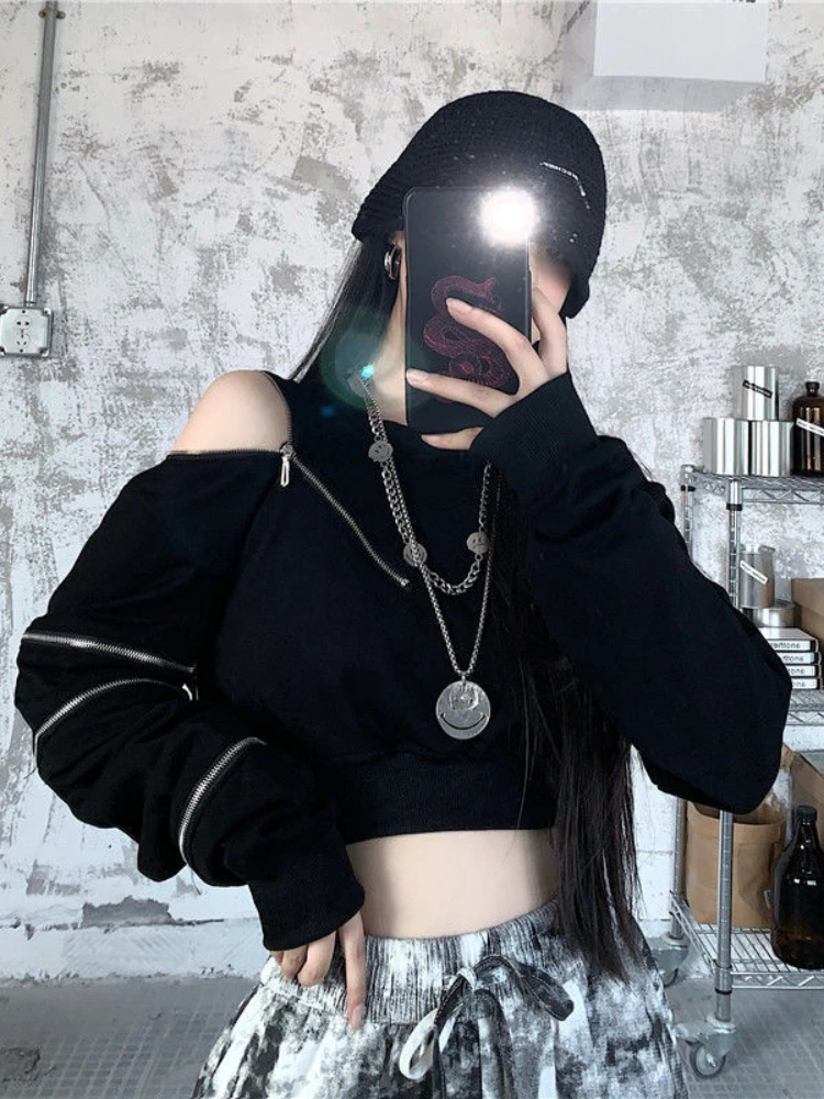 2022 Techwear Goth Cropped Emo Hoodies Women Harajuku Off Shoulder Oversize Sweatshirts Black Zip Up Top Hip Hop Streetwear Punk