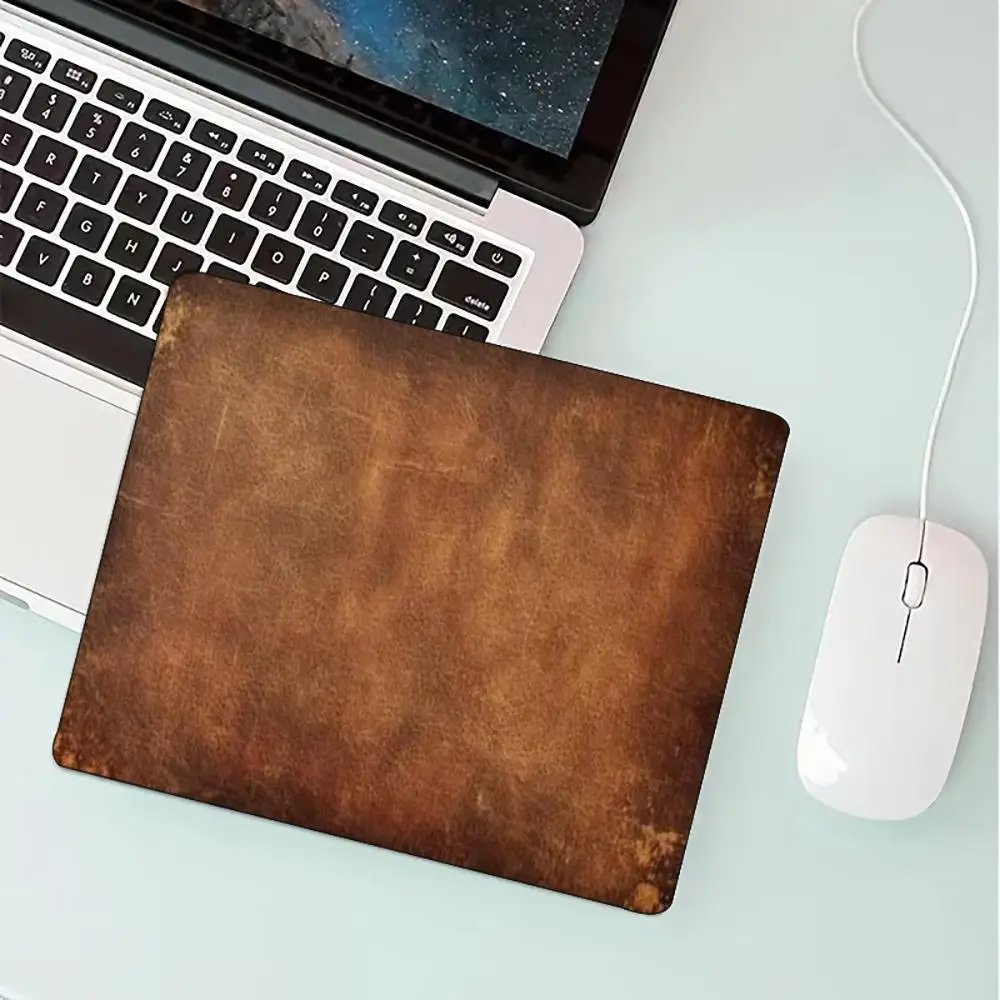 Classic Brown Faux Leather Square Mouse Pad Non Slip Rubber Base Stitched Edge Mat 18x22 40x45 For PC Gamer Home Desktop