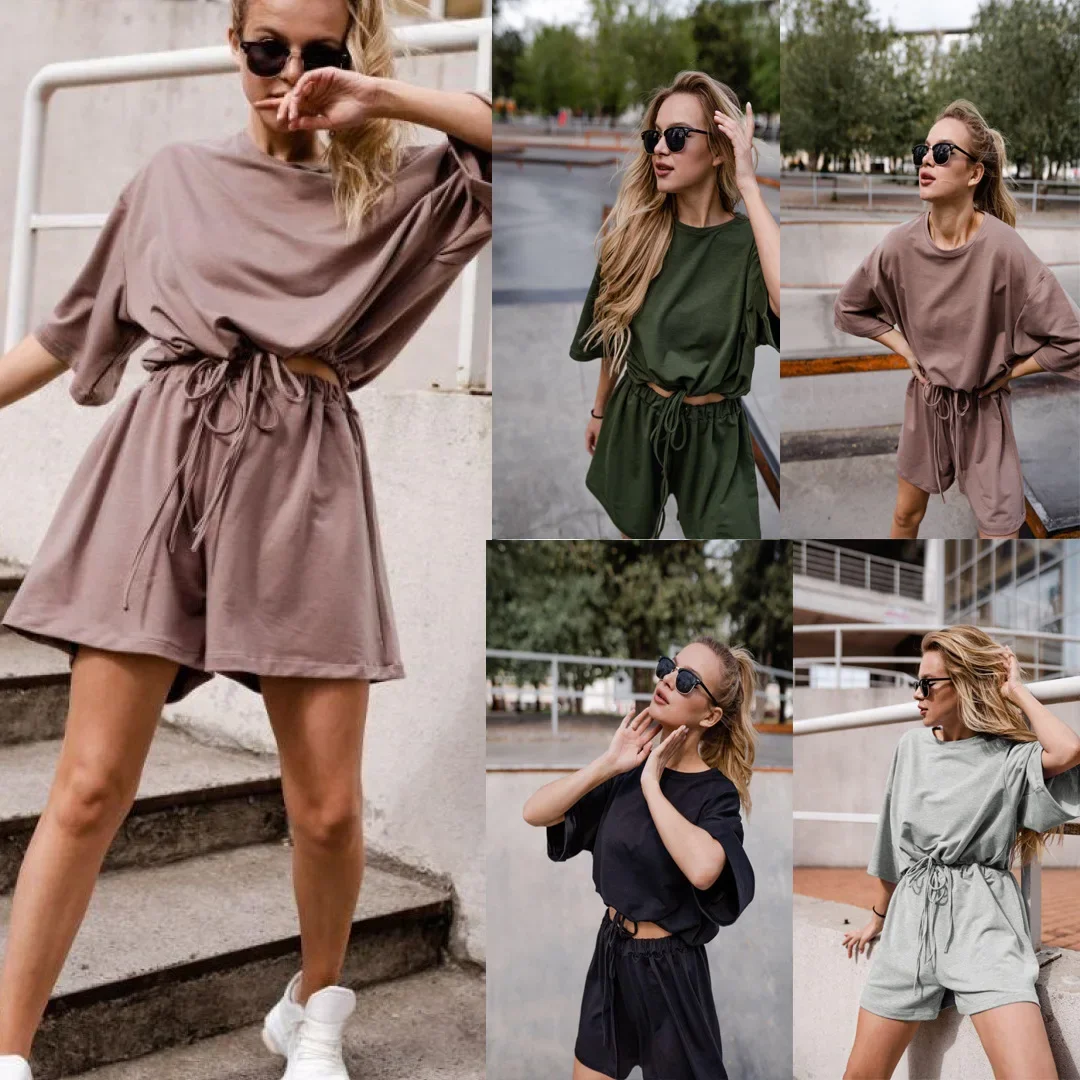 2024 Spring And Summer Solid Color Drawstring Shorts Set Loose And Casual Daily Street Short Sleeves Round Neck Home Style Comfo